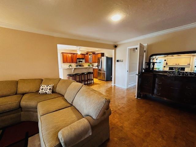 living room with ornamental molding