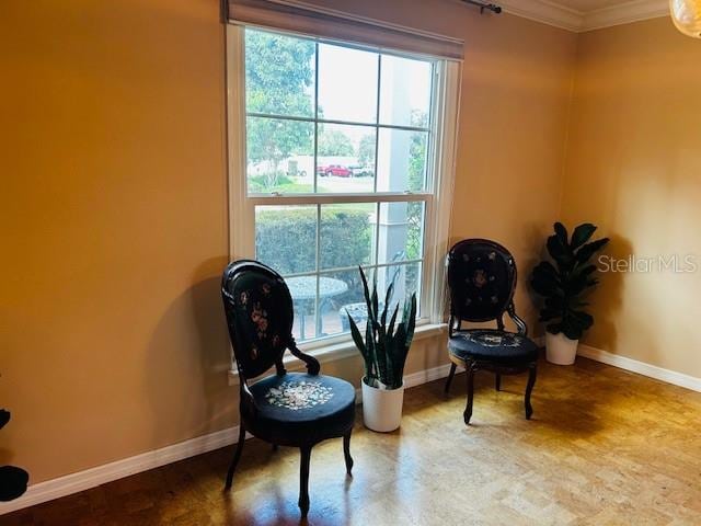 living area with ornamental molding