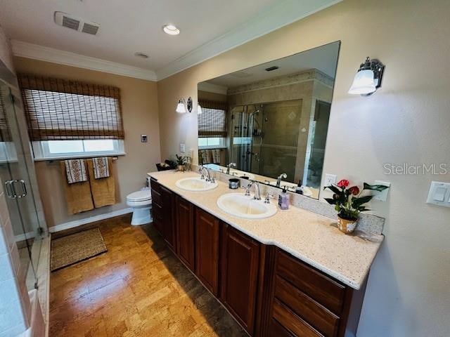 bathroom featuring a shower with door, vanity, ornamental molding, and a healthy amount of sunlight