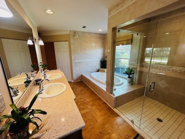 bathroom with vanity, ornamental molding, and plus walk in shower