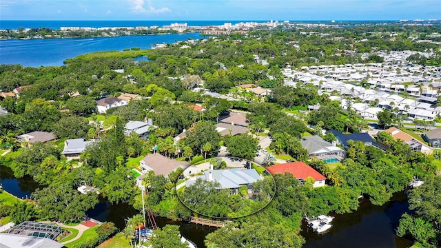 aerial view featuring a water view