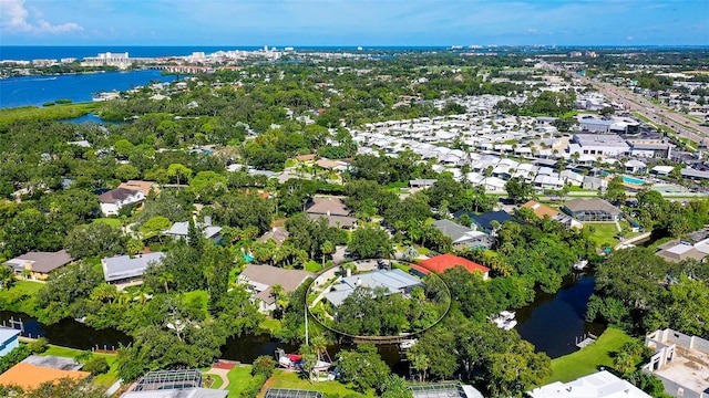 bird's eye view with a water view