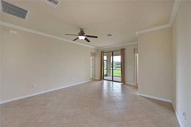 tiled empty room featuring ornamental molding and ceiling fan