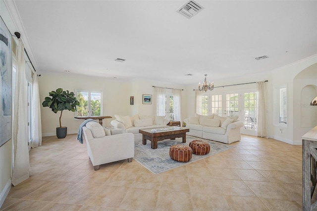 living room featuring ornamental molding, light tile patterned floors, and a notable chandelier