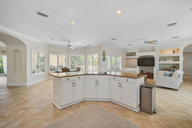 kitchen featuring ceiling fan, white cabinets, ornamental molding, and a kitchen island