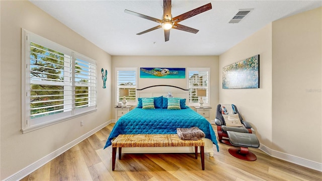 bedroom featuring ceiling fan and light wood-type flooring