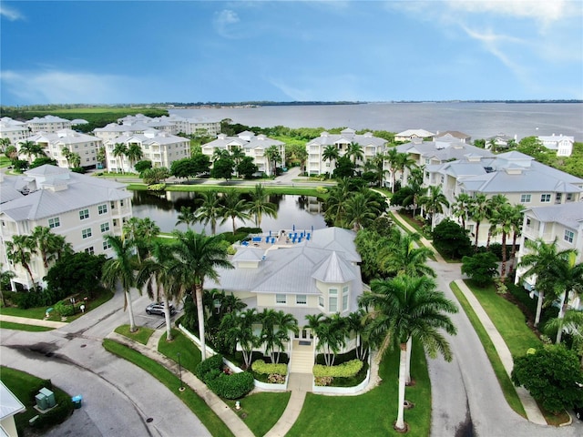 drone / aerial view featuring a water view