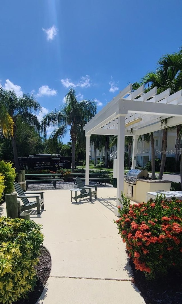 view of community featuring a pergola and exterior kitchen