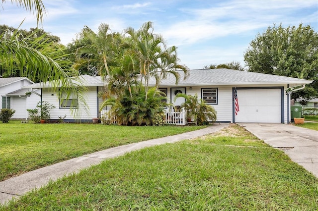 single story home with a garage and a front lawn