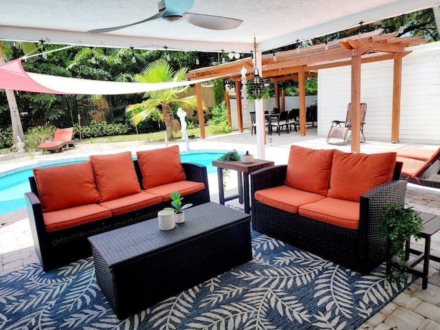 view of patio / terrace with a pergola, outdoor lounge area, ceiling fan, and a fenced in pool