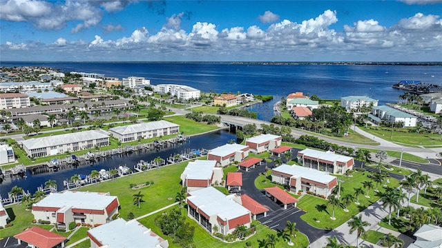 drone / aerial view featuring a water view