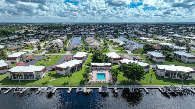 drone / aerial view featuring a water view