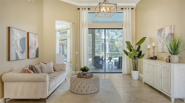 living room featuring crown molding, light tile patterned floors, and a notable chandelier