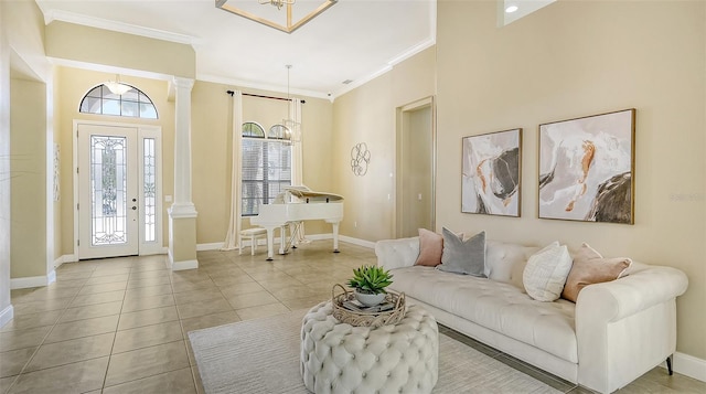 tiled living room featuring crown molding