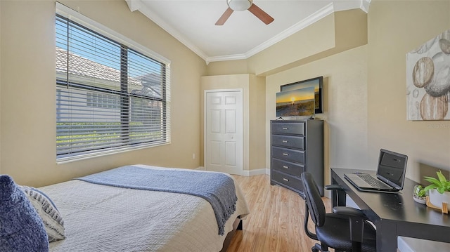 bedroom with light hardwood / wood-style floors, ornamental molding, ceiling fan, and a closet