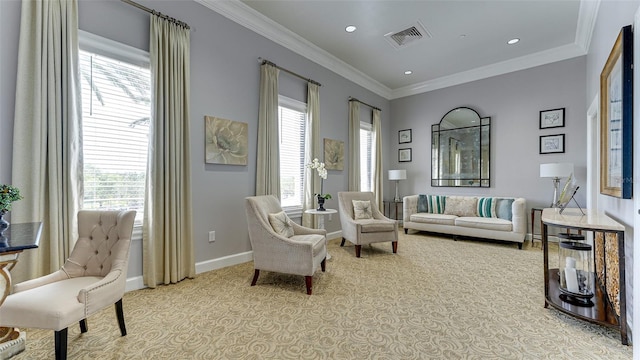 living area featuring ornamental molding