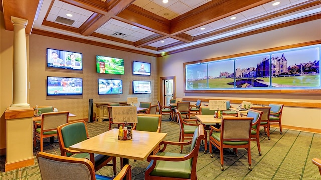 dining space featuring beamed ceiling, coffered ceiling, light carpet, crown molding, and ornate columns