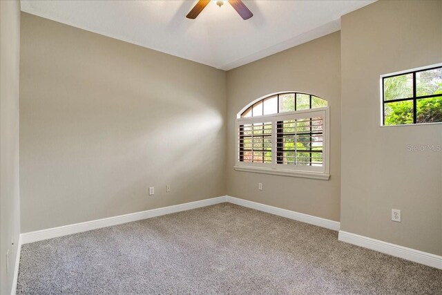 empty room featuring carpet flooring and ceiling fan