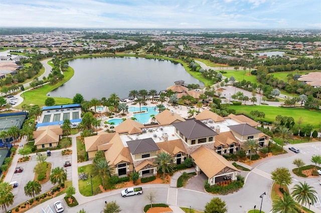 bird's eye view with a water view