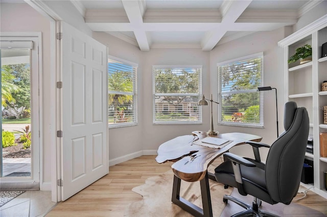 home office featuring ornamental molding, light hardwood / wood-style floors, beam ceiling, and coffered ceiling