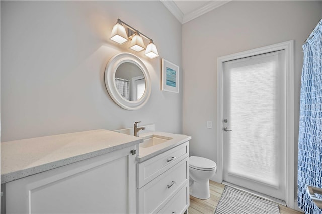 bathroom with plenty of natural light, toilet, vanity, and ornamental molding