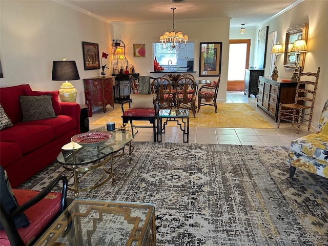 tiled living area featuring a chandelier and crown molding