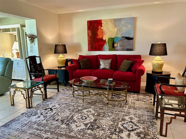 living room featuring ornamental molding and light tile patterned flooring