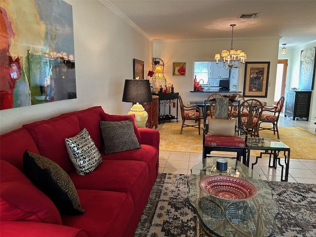 tiled living room with ornamental molding, sink, a notable chandelier, and a textured ceiling