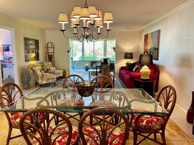 tiled dining space with crown molding and a chandelier