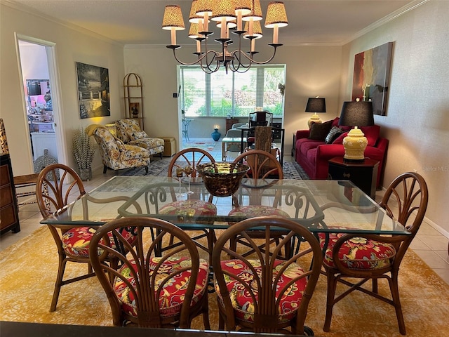 tiled dining area with crown molding and a chandelier