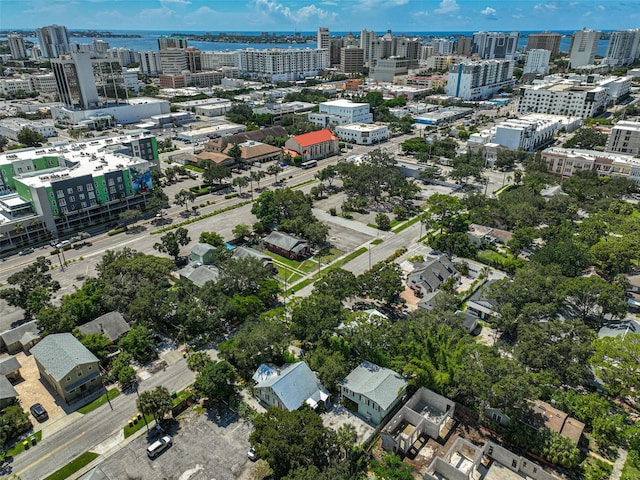 bird's eye view with a water view