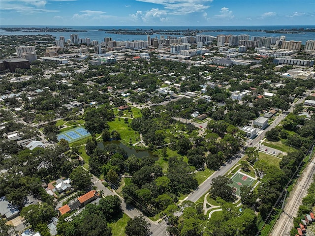 drone / aerial view with a water view