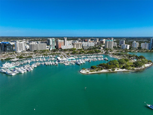 drone / aerial view featuring a water view