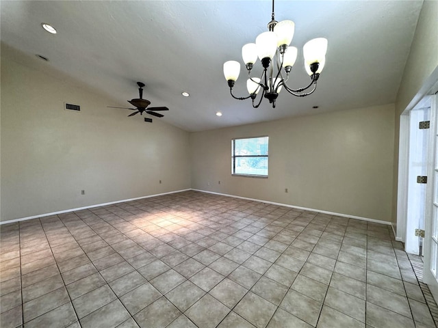 tiled spare room featuring ceiling fan with notable chandelier and vaulted ceiling