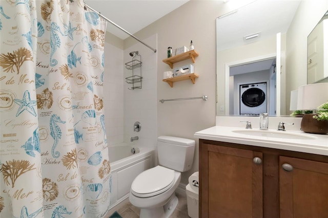 553 Bahia Beach Blvd, Ruskin, FL 33570 - full bathroom featuring shower / bath combo, stacked washing maching and dryer, tile patterned floors, vanity, and toilet