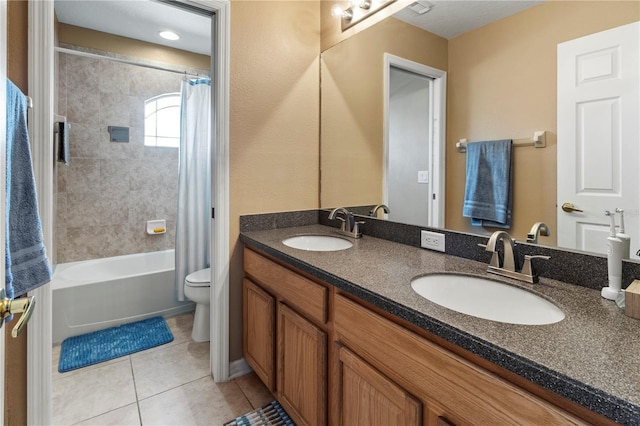 full bathroom featuring vanity, tile patterned flooring, toilet, and shower / tub combo with curtain