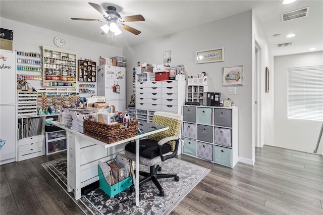 office area featuring ceiling fan and hardwood / wood-style floors