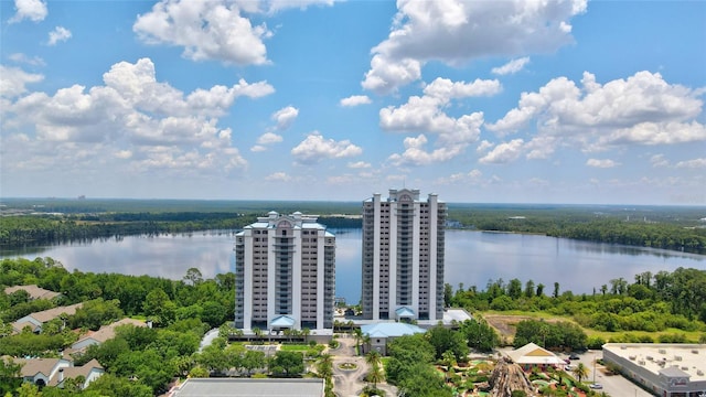 drone / aerial view with a water view