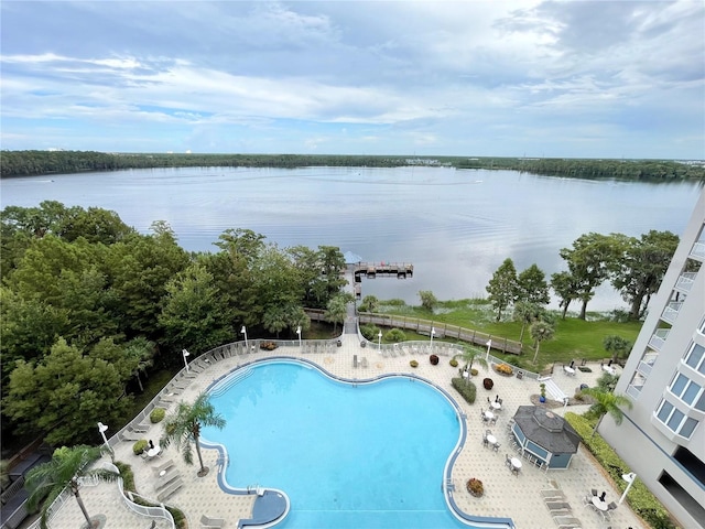 view of swimming pool with a water view and a patio area