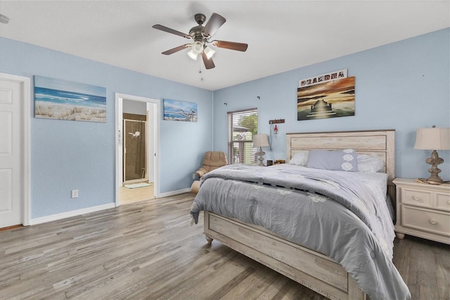 bedroom featuring connected bathroom, ceiling fan, and light wood-type flooring