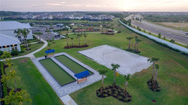 view of aerial view at dusk