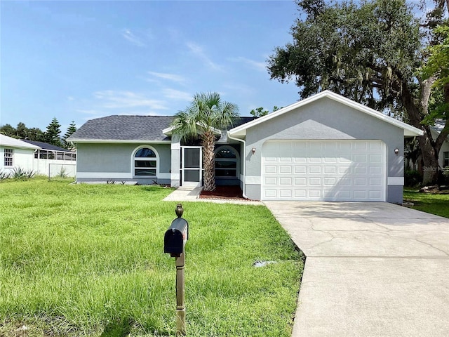 single story home with stucco siding, concrete driveway, and a garage