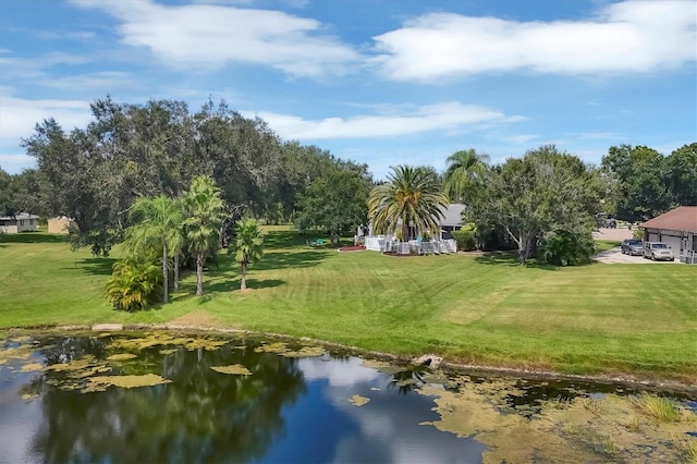 surrounding community with a lawn and a water view