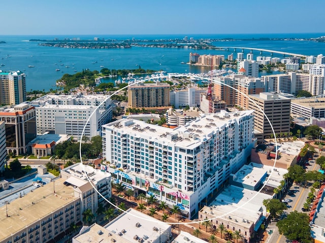 drone / aerial view featuring a water view