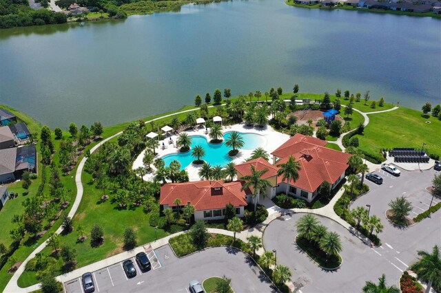 aerial view featuring a water view