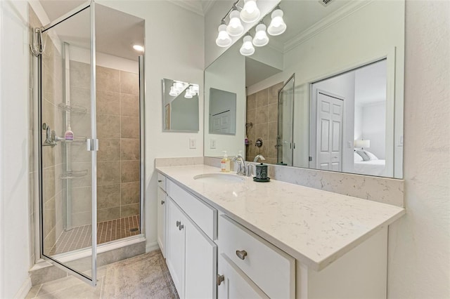 bathroom featuring a chandelier, walk in shower, vanity, and crown molding