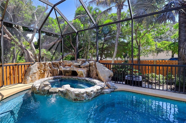 view of swimming pool with glass enclosure