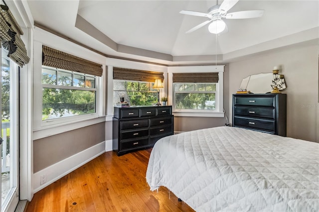 bedroom with wood-type flooring, a tray ceiling, and ceiling fan