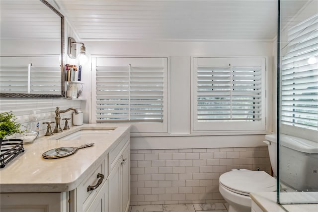 bathroom with tile walls, a wealth of natural light, vanity, and toilet