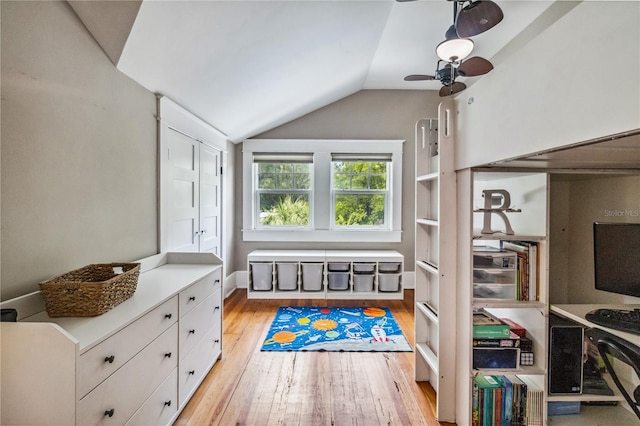 bedroom featuring vaulted ceiling and light hardwood / wood-style floors